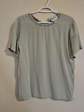 Sage Green Short Sleeve Blouse with Braided Neckline